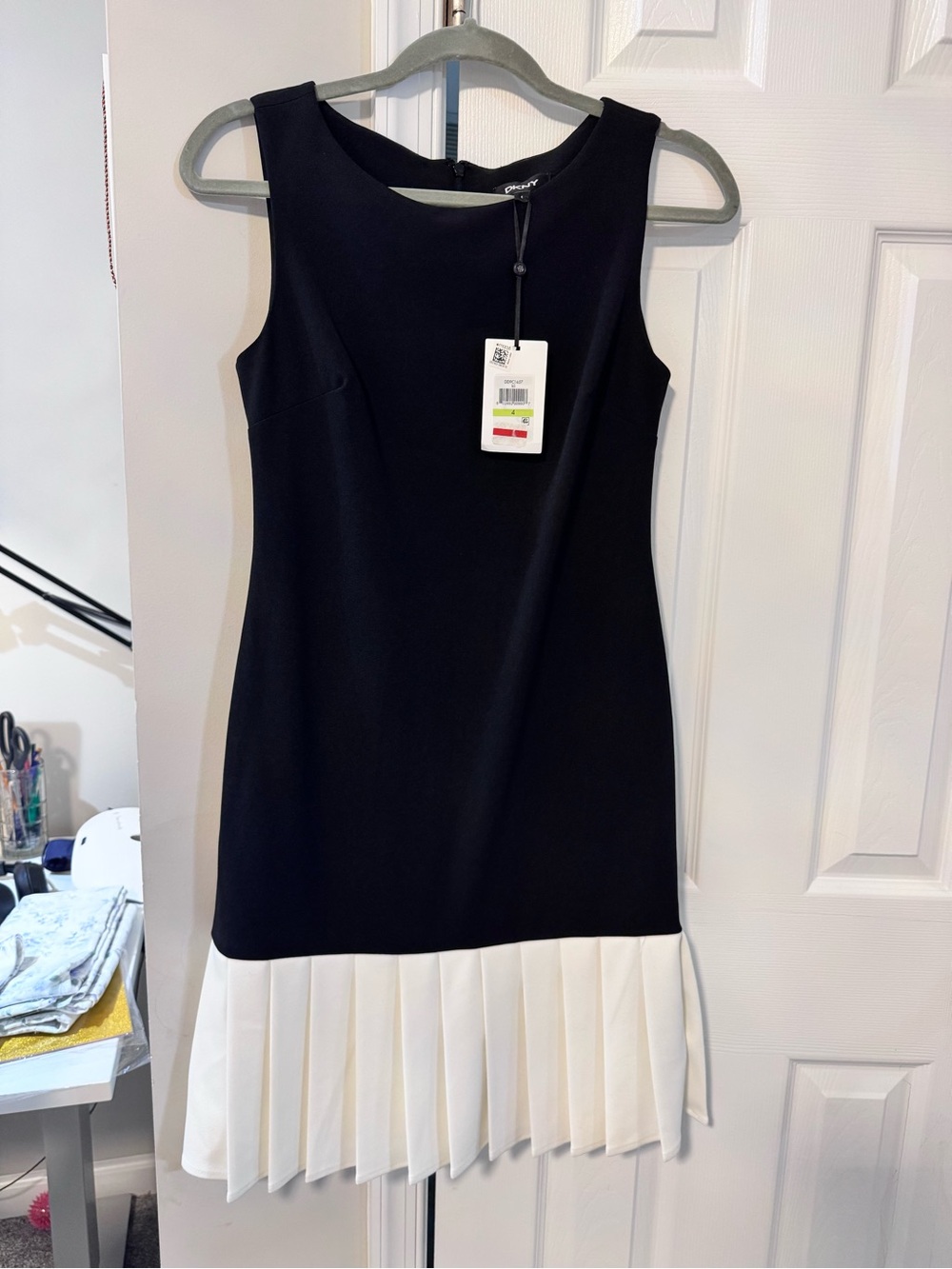 DKNY Black Sleeveless Midi Dress with White Pleated Hem